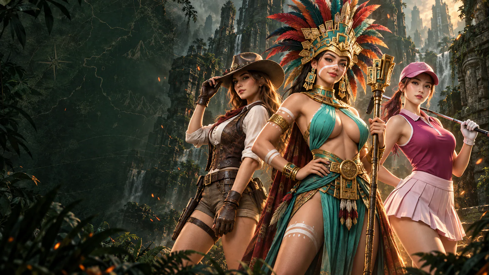Three adult adventurers in a forest of ancient towers
